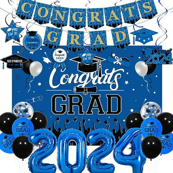Fangleland Congrats Grad Graduation Party Decorations 2024 Blue and Black with Class of 2024 We Are So Proud of You Hanging Swirls, Balloons, Banner and Backdrop for Graduation Ceremony