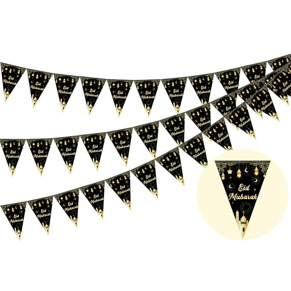 Fangleland Eid Mubarak Bunting Banner, Eid Mubarak Decoration Black and Gold Triangle Flag Banner for Muslim Islamic Ramadan Kareem Party Supplies for Home Celebration Indoor