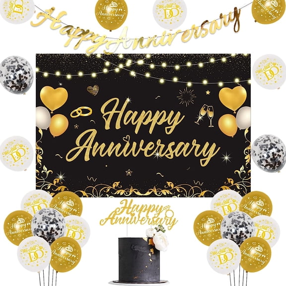 Fangleland Wedding Anniversary Party Decoration Kits with Backdrop, Black and Gold, 25 Count