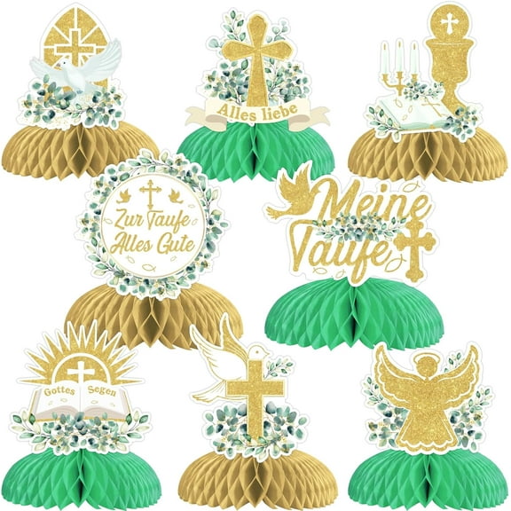Fangleland set of 8 baptismal table decorations for boys and girls, green honeycomb baptismal services for my baptismal communion decoration, baptism, confirmation, prenatal party, party decoration