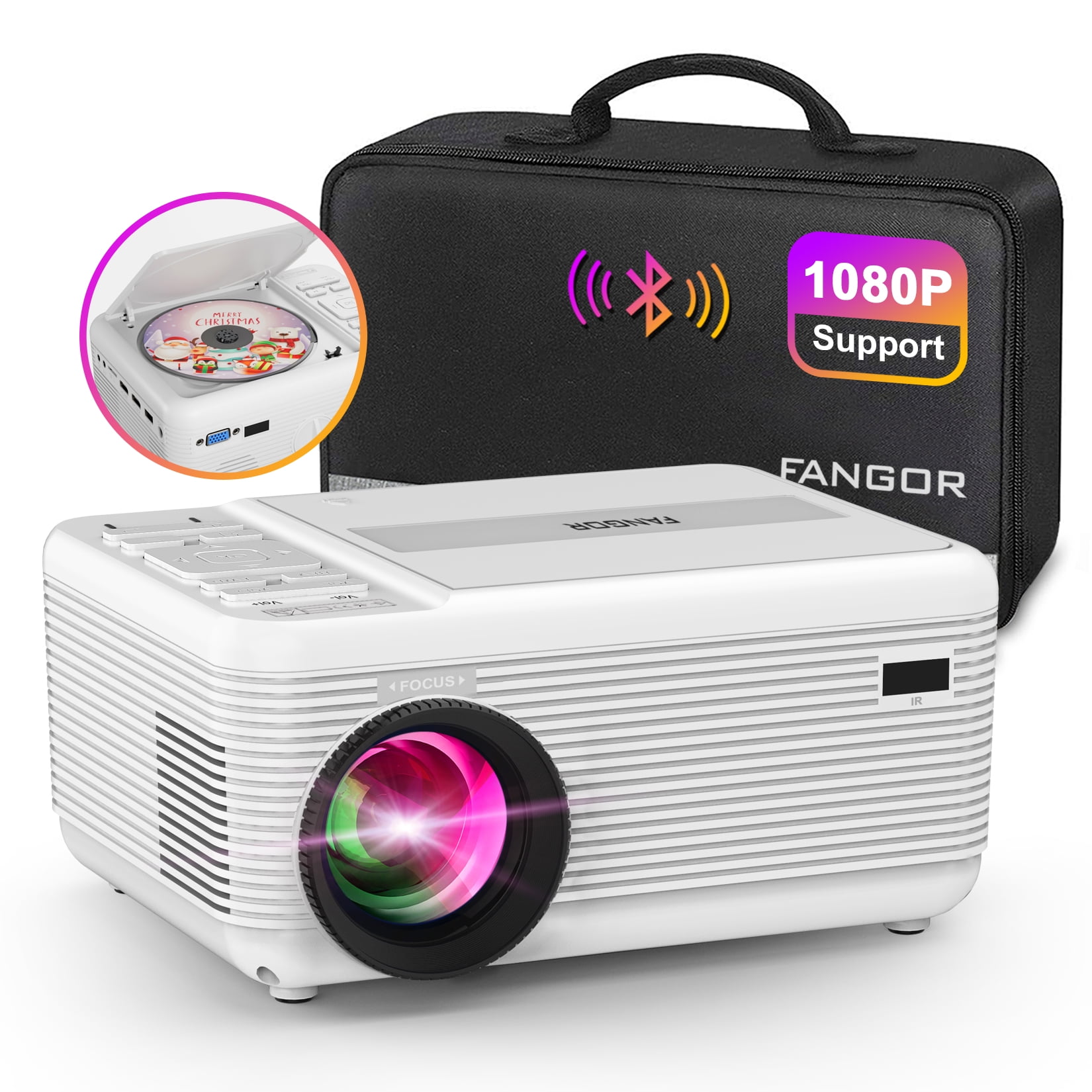 Fangor 1080P HD Bluetooth Projector with DVD Player, 10000L Portable Video projector, Outdoor Movie Projector Compatible with iOS/Android Phone, HDMI, USB, AV, TV Stick, PS5, Ideal for Home Theater