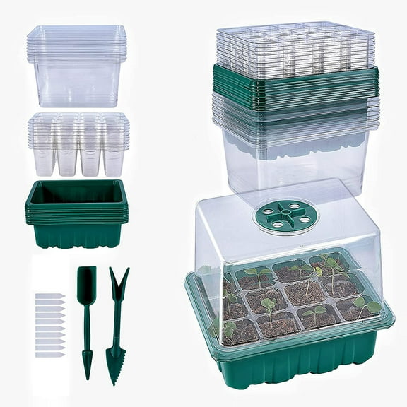 Fangsheng 10 Pack Seed Starter Kit, 120 Cells Germination Trays with Dome - Plastic Seeding Tools and Labels Included
