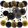 thumbnail image 1 of Fangsheng 21 Pcs Party Decoration, Black and Gold Hanging Paper Fans, Pom Poms Flowers, Garlands String Polka Dot and Triangle Bunting Flags for Birthday Parties, Wedding Decor, 1 of 7
