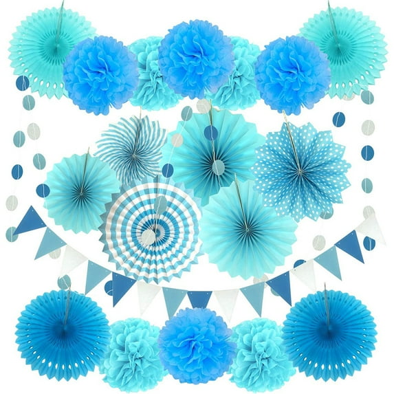 Fangsheng 21 Pcs Party Decoration, Blue Hanging Paper Fans, Tissue Pom Poms, Garlands String Polka Dot and Triangle Bunting Flags for Boy Birthday Parties, Bridal Showers, Baby Showers, Wedding