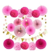 acdanc Fangsheng 21 Pcs Party Decoration, Pink Hanging Paper Fans, Pom Poms Flowers for Birthday Parties, Bridal Showers, Baby Showers, Wedding
