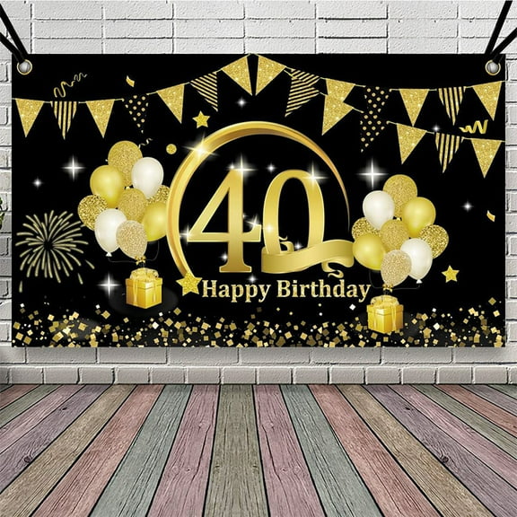 Fangsheng 40th Birthday Backdrop Gold and Black 5.9 X 3.6 Fts Happy Birthday Party Decorations Banner for Women Men Photography Supplies Background Happy Birthday Decoration