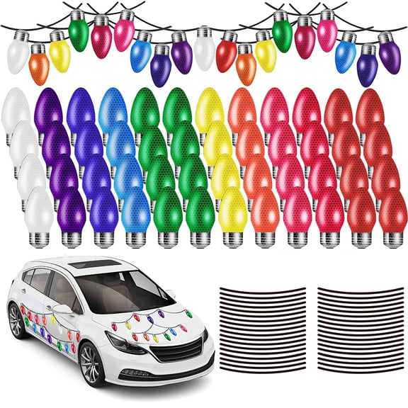 Fangsheng 84 Pcs Christmas Car Stickers Set Reflective Light Bulb Decals PVC Xmas Holiday Car Magnets for Window Mailbox Door Refrigerator Garage Wall Party Supplies