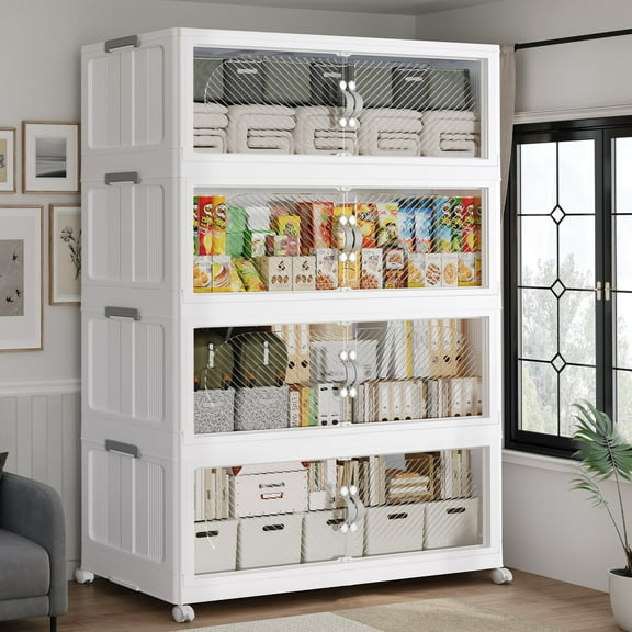 Fangtueh 160GAL Plastic Storage Bins with Lid, 640QT Extra Large Stackable Closet Organizers and Storage, Collapsible Storage Boxes with Wheels, Folding Cabinet for Home Kitchen Office, 4Pack White