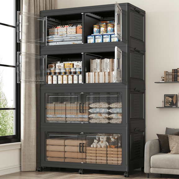 Fangtueh 160GAL Storage Bins with Lid and Wheels, Stackable Closet Organizers and Storage Drawer, Collapsible Storage Box with Dividers, Foldable Plastic Cabinets Cubes Totes for Garage, 4 Pack Black