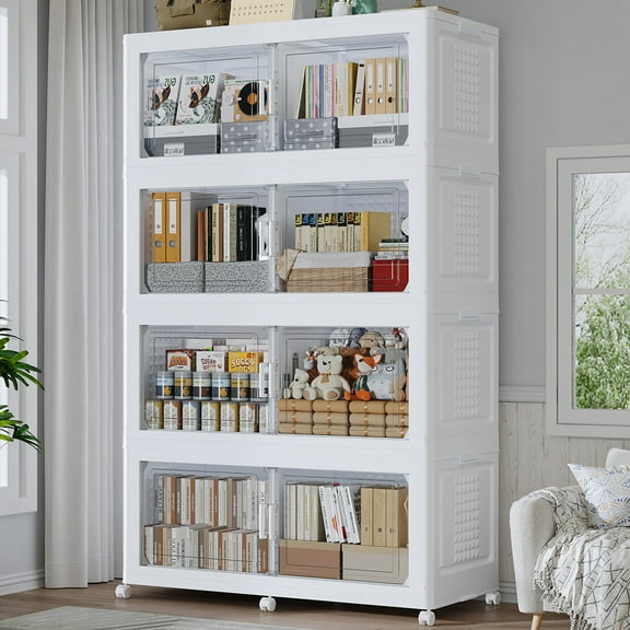 Fangtueh 200GAL Storage Bins with Lid and Wheels, Stackable Closet Organizers and Storage Drawer, Collapsible Storage Box with Divider, Foldable Plastic Cabinets Totes for Home Office, 4 Pack White