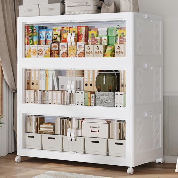 Fangtueh Stackable Storage Bins with Lid, Extra Large Collapsible Storage Box with Pet Doors and Wheels, Plastic Closet Organizer and Storage Cabinet Drawer For Home Kitchen,White,55Gal,3Pack