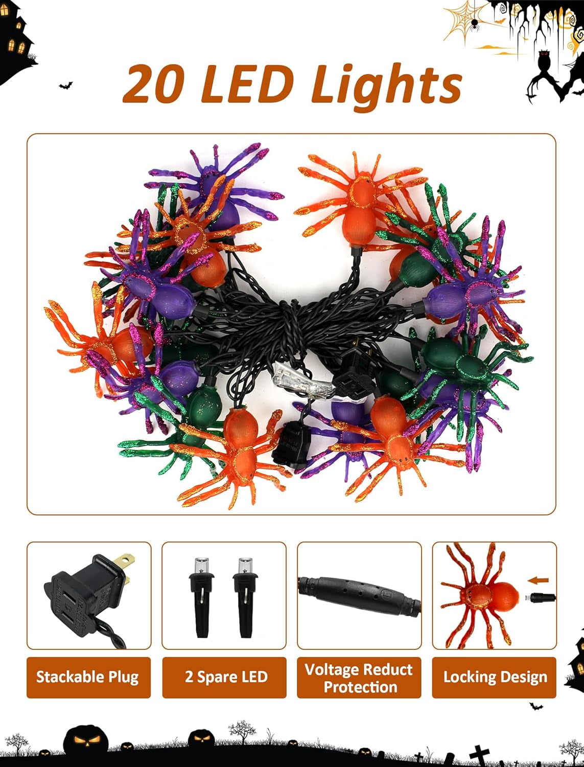 Fanhua-Sparkling Halloween String Lights, 12ft 20 LED Glitter Spiders ...
