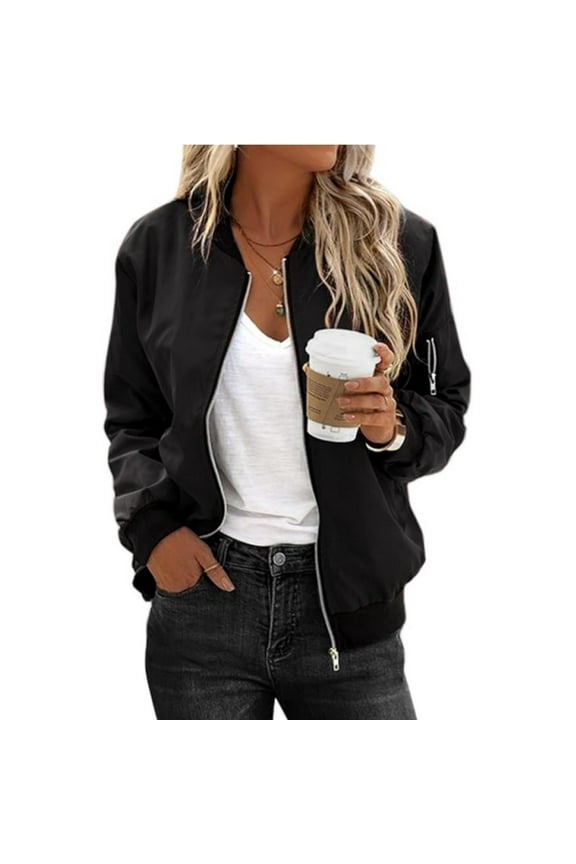 Women's Cropped Bomber Jacket Lightweight Casual Zip up Outerwear Long Sleeve Windbreaker with Pockets