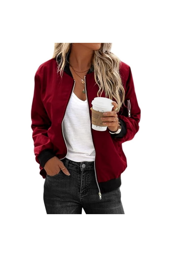 Women's Cropped Bomber Jacket Lightweight Casual Zip up Outerwear Long Sleeve Windbreaker with Pockets