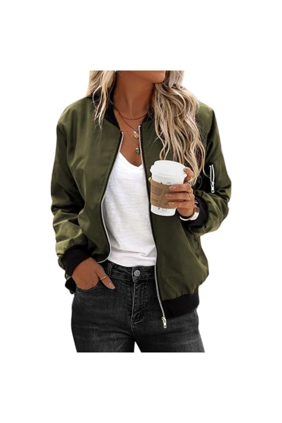 Women's Cropped Bomber Jacket Lightweight Casual Zip up Outerwear Long Sleeve Windbreaker with Pockets
