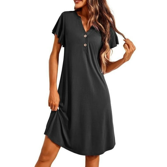 Fanient Women's Nightgown Short Flare Sleeve Sleepshirt V-Neck Soft Sleepwear Pajama Dress