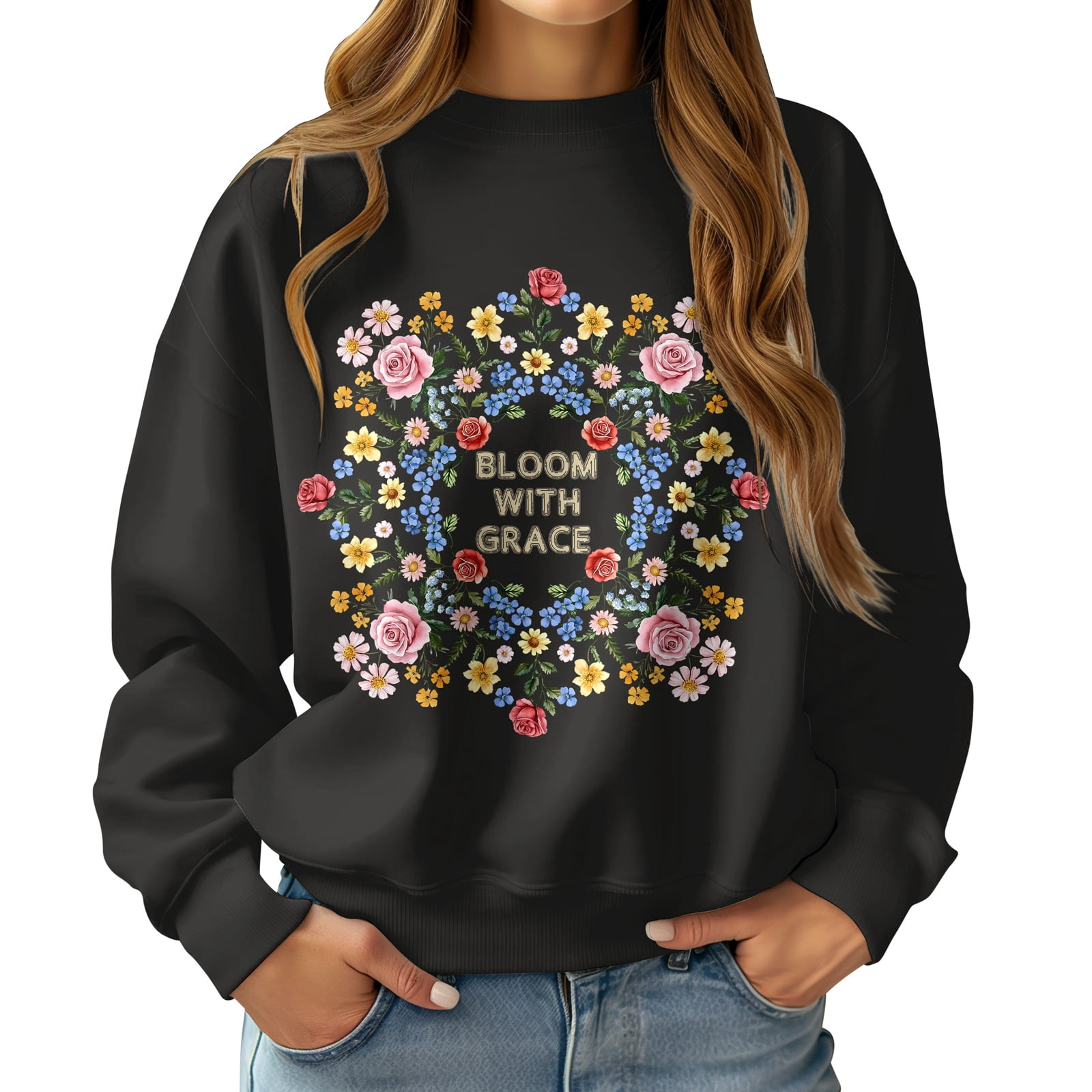 Womens Casual Fleece Sweatshirts Graphic Floral Hoodies Women Crewneck Pullover Tops Fall/Winter Fashion Clothes