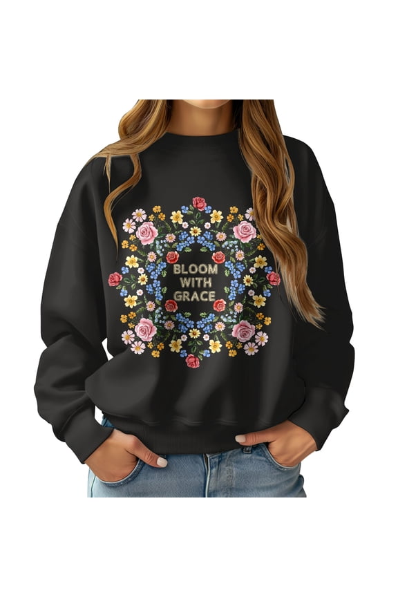 Womens Casual Fleece Sweatshirts Graphic Floral Hoodies Women Crewneck Pullover Tops Fall/Winter Fashion Clothes