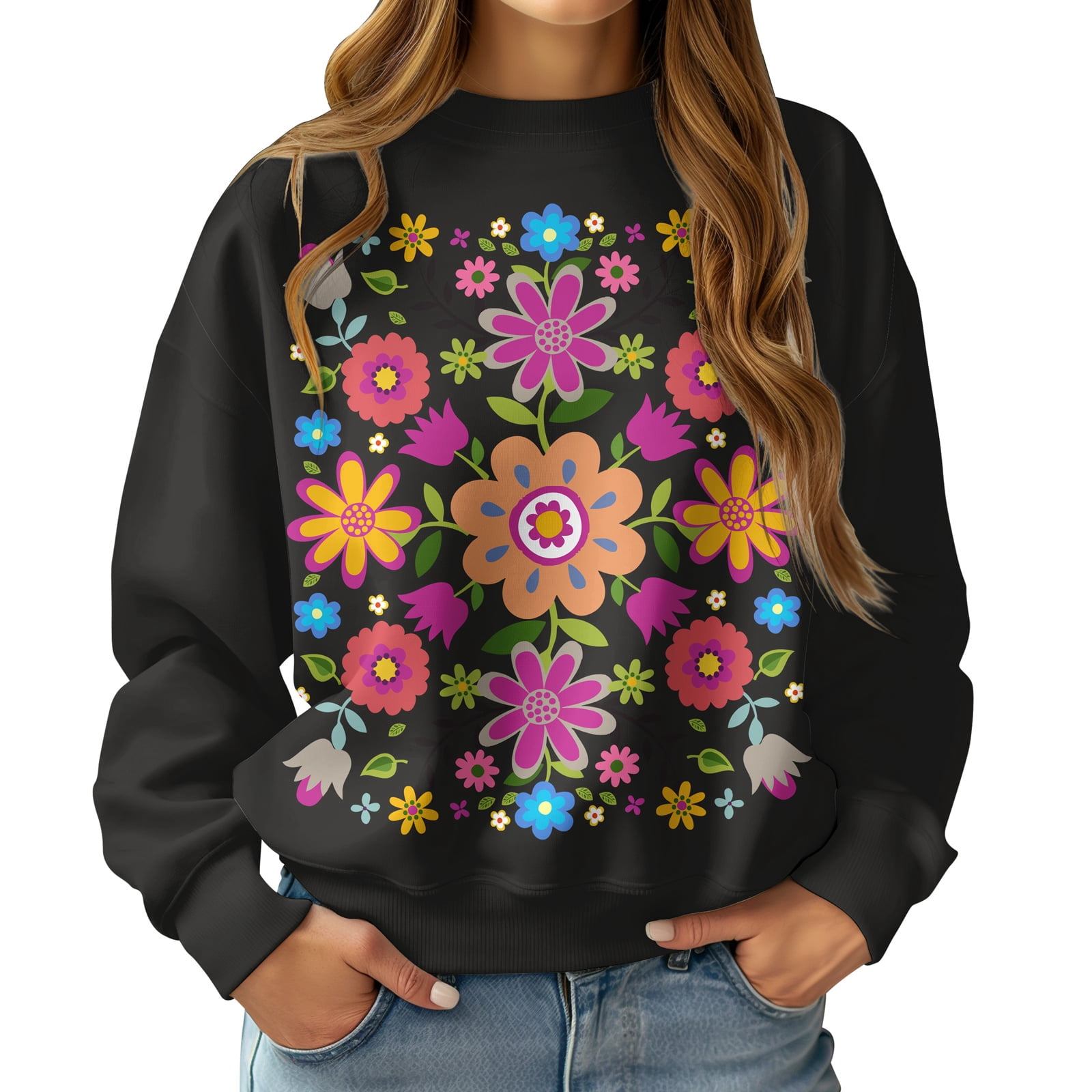 Womens Casual Fleece Sweatshirts Graphic Floral Hoodies Women Crewneck Pullover Tops Fall/Winter Fashion Clothes