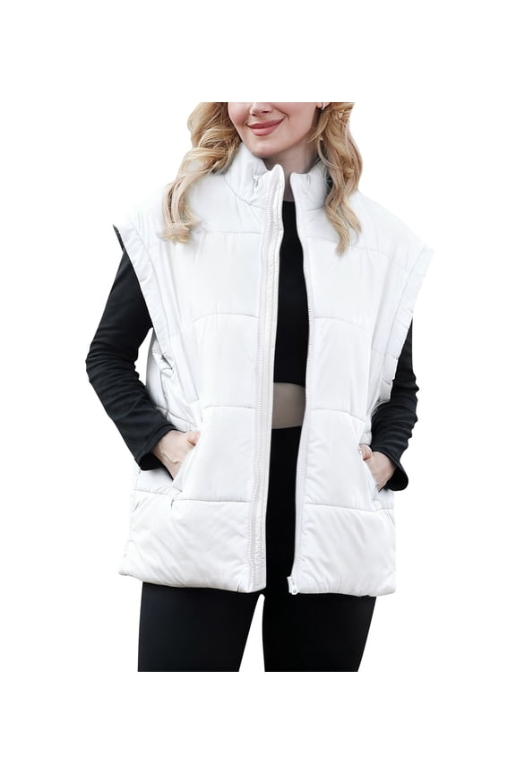 Womens Oversized Puffer Vest Sleeveless Zip Up Padded Jacket Vest Lightweight Winter Coat Outwear