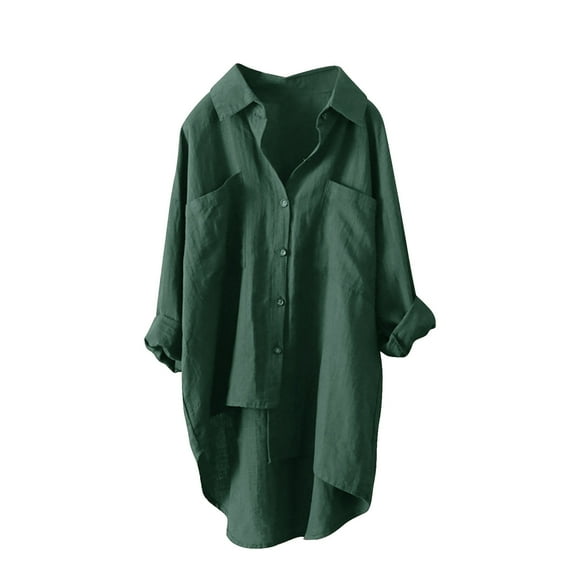 Fanixng Cotton Linen Shirt for Women Button Down Long Sleeve Shirt with High Low Hem Tunic Blouse Boyfriend Style Oversized Shirt Linen Shirts For Women Plus Green,L