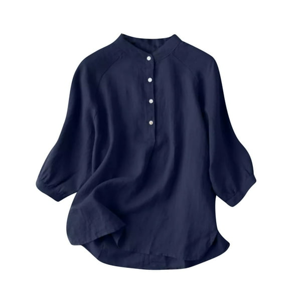 Fanixng Summer Women Shirts Plus Size Cotton Linen T Shirt Short Sleeve Henley Shirts Dressy Casual Buttons Work Blouse Linen Shirts For Women Navy,XXXL