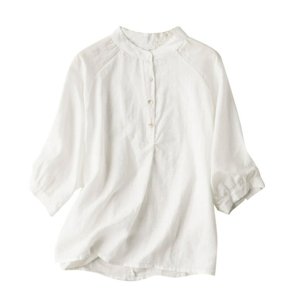 Fanixng Summer Women Shirts Plus Size Cotton Linen T Shirt Short Sleeve Henley Shirts Dressy Casual Buttons Work Blouse Linen Tops For Women Loose Fit White,M