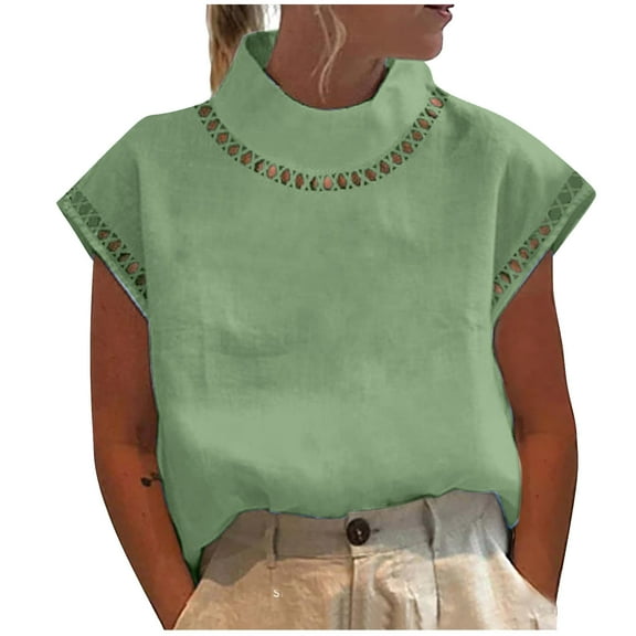 Fanixng Women Summer T Shirt Cutout Short Sleeve Tops Cap Sleeve Loose Tunic Blouse Cotton Linen Tees Shirt Blouses Peasant Tops Linen Tops For Women Green,S