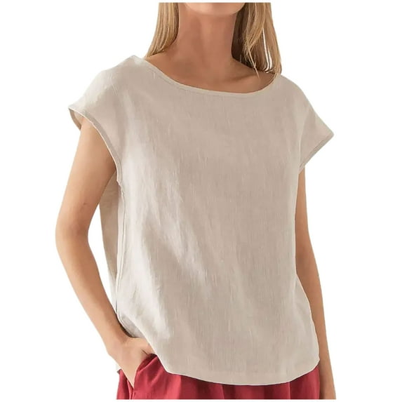 Fanixng Women's Casual Cap Sleeve T Shirts Cotton Linen Short Sleeve T-Shirt Basic Summer Tops Loose Solid Color Blouse Linen Tops For Women Loose Fit Beige,XXL