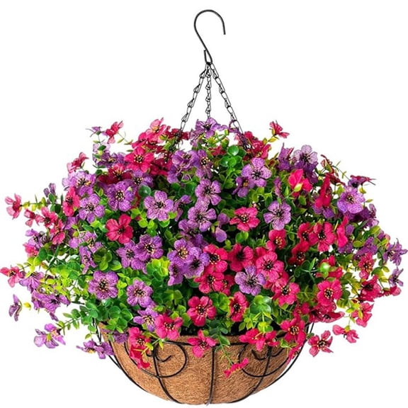 Fankenuo DIY 10-Inch Artificial Violet Silk Flowers in Hanging Basket - Perfect for Home Red and purple