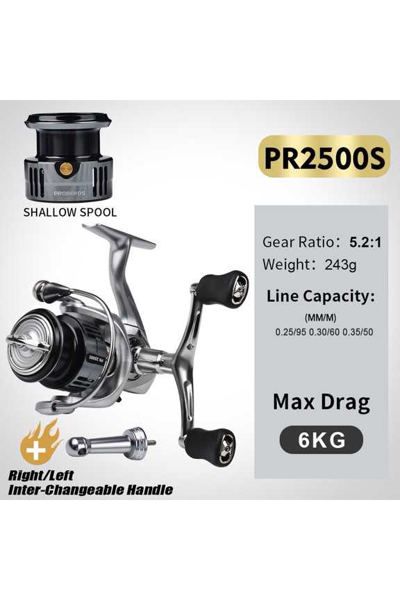 Outdoor Fishing PR Series Fishing Reel - 7+1BB, 5.2:1 Ratio, Balance Bar PR2500S