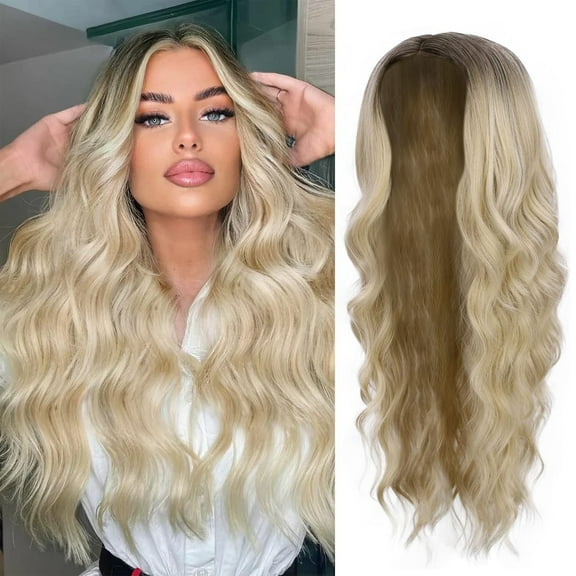 Fankiway Long Wave Wigs for Women, Body Wave Lace Front Wigs Human Hair With Baby Hair, Gradient Gold Wig Women Middle Curled Synthetic Hair