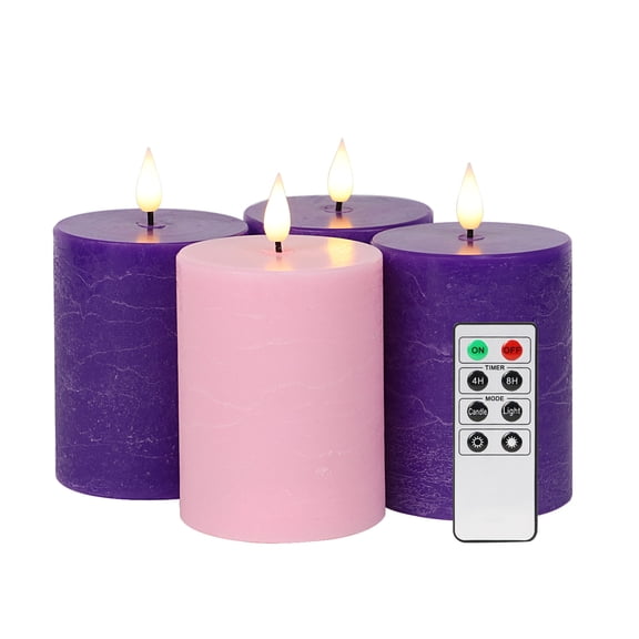 Fanna Advent Flameless Pillar Candles with Timer, Battery Operated LED Candle for Christmas with Remote - Batteries Included - Set of 4 (D 3" x H 4")