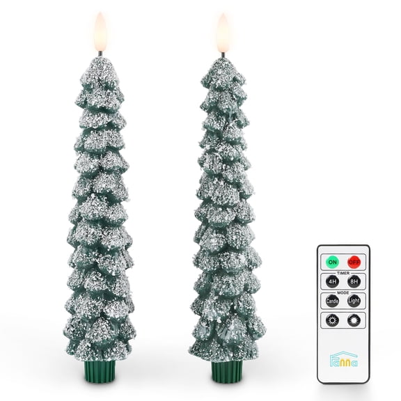 Fanna Snow Covered Christmas Tree LED Candles, Flameless Taper Candles with Timer for Winter Decor, Battery Operated Candle with Remote - H 9.8" - Set of 2
