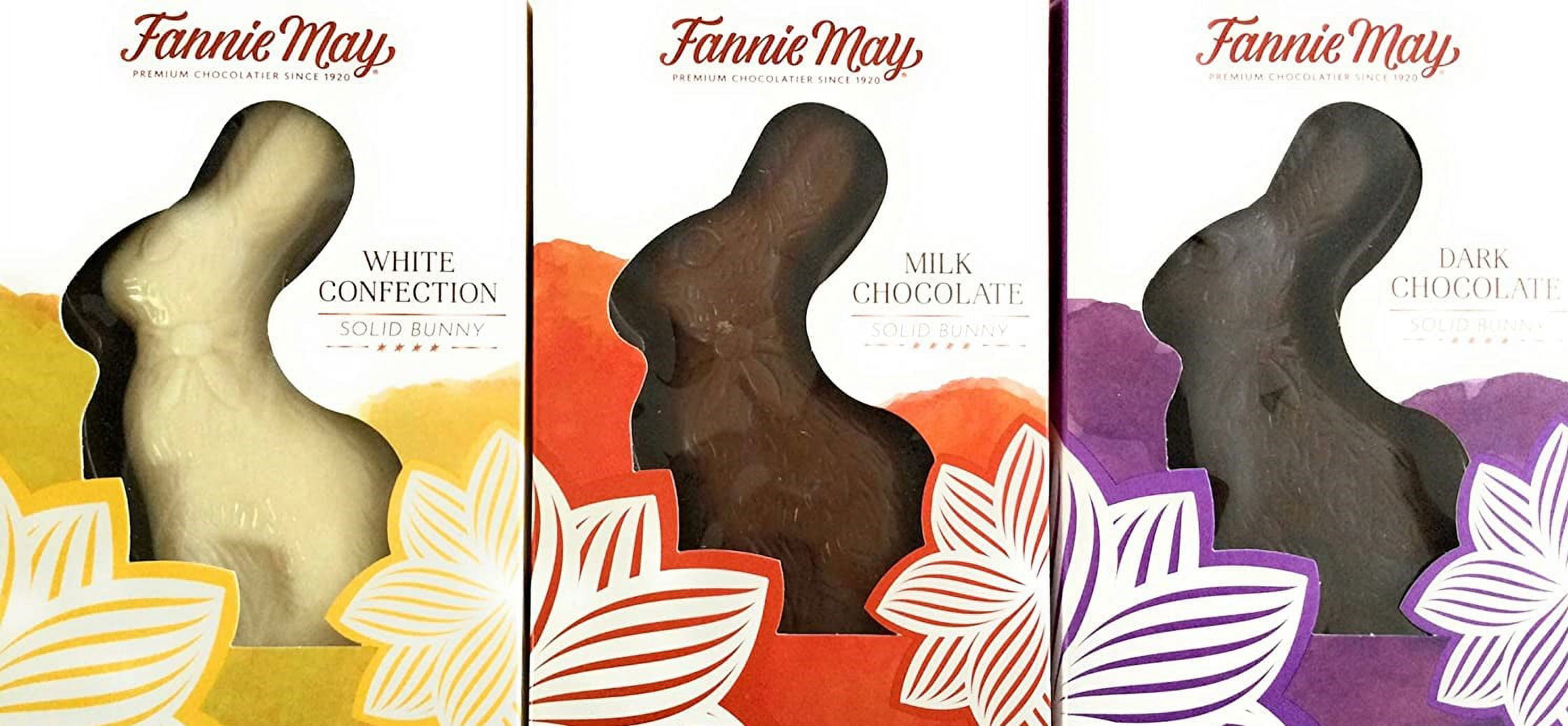 Fannie May Easter Bunnies, featuring Solid Milk Chocolate, Dark