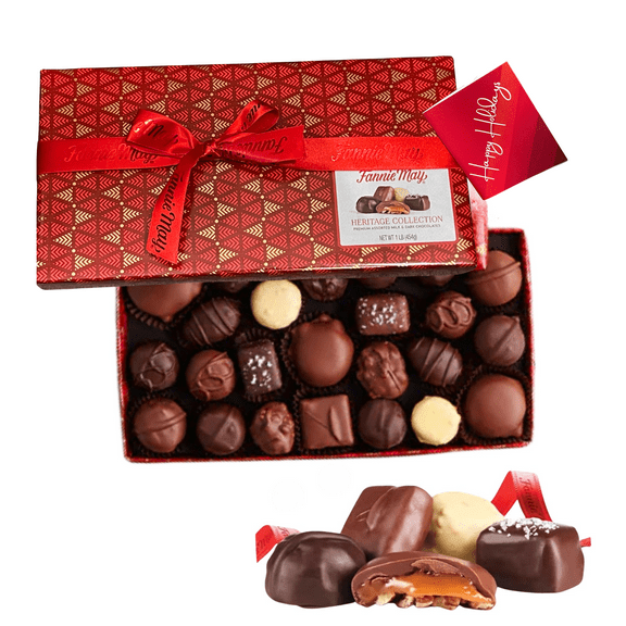 Fannie May Heritage Collection Chocolate Candy Assortment (was Colonial Assortment) Qty 1-1LB with Holiday Gift Wrap & Artistix Gift Tag Bundle
