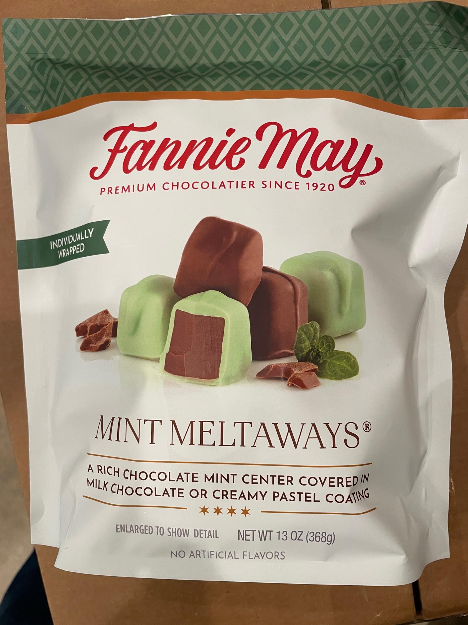 Fannie May Mint Meltaways, Milk Chocolate and Pastel Candy with a Mint Chocolate Center