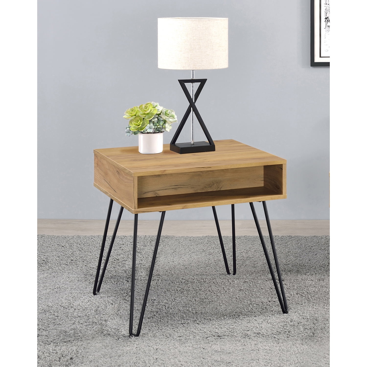Golden Oak and Black Square End Table with Storage Drawer