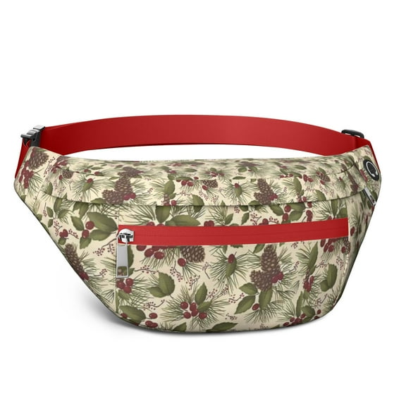 Fanny Pack Beige Christmas Pine Cone Pattern Waist Pack Bag,Running Cross Bag,Waterproof Large Fanny Packs for Women Men for Travel Running Hiking Cycling