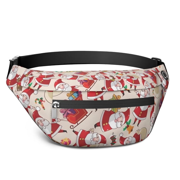 Fanny Pack Beige Christmas Santa and Gift Pattern Waist Pack Bag,Running Cross Bag,Waterproof Large Fanny Packs for Women Men for Travel Running Hiking Cycling
