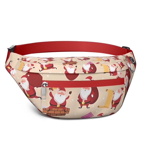 Fanny Pack Beige Christmas Santa Pattern Waist Pack Bag,Running Cross Bag,Waterproof Large Fanny Packs for Women Men for Travel Running Hiking Cycling