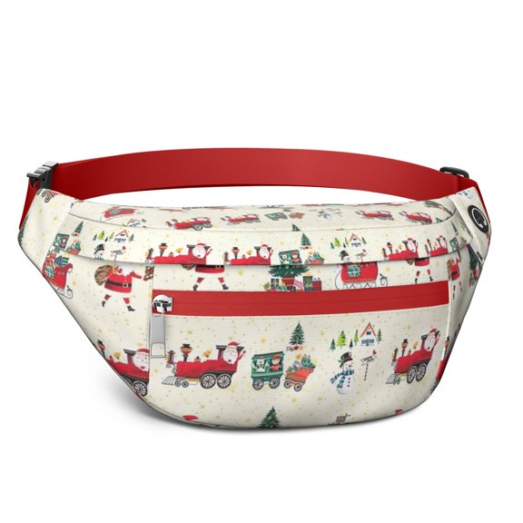 Fanny Pack Beige Christmas Santa and Train Pattern Waist Pack Bag,Running Cross Bag,Waterproof Large Fanny Packs for Women Men for Travel Running Hiking Cycling