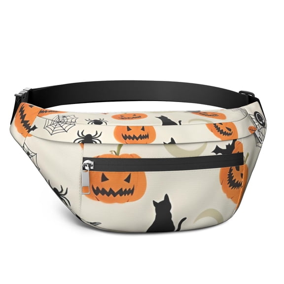 Fanny Pack Beige Halloween Pumpkins Ghosts and Bats Waist Pack Bag,Running Cross Bag,Waterproof Large Fanny Packs for Women Men for Travel Running Hiking Cycling