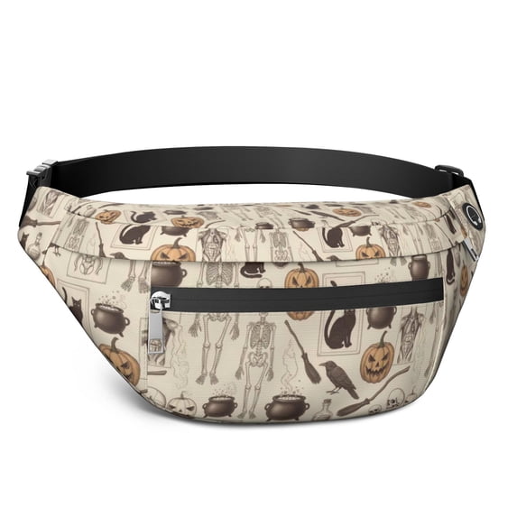 Fanny Pack Beige Halloween Skull Pumpkin Cat Pattern Waist Pack Bag,Running Cross Bag,Waterproof Large Fanny Packs for Women Men for Travel Running Hiking Cycling