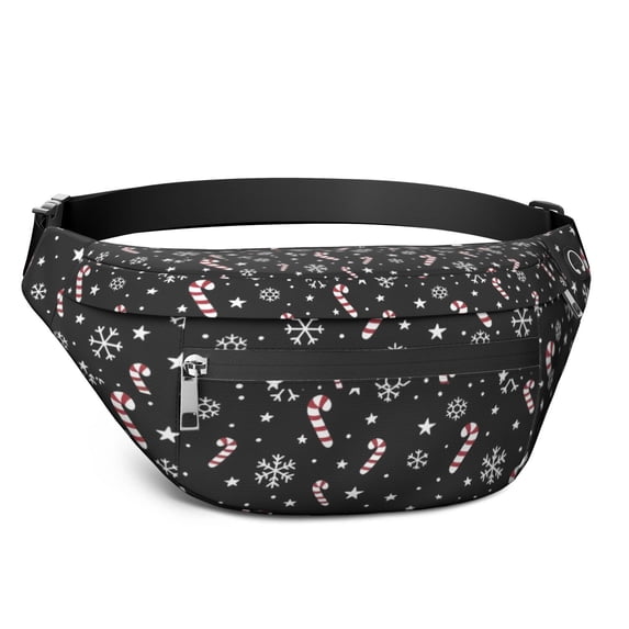 Fanny Pack Black Christmas Candy Cane and Snowflake Pattern Waist Pack Bag,Running Cross Bag,Waterproof Large Fanny Packs for Women Men for Travel Running Hiking Cycling