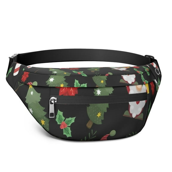Fanny Pack Black Christmas Gnome and Gift Pattern Waist Pack Bag,Running Cross Bag,Waterproof Large Fanny Packs for Women Men for Travel Running Hiking Cycling