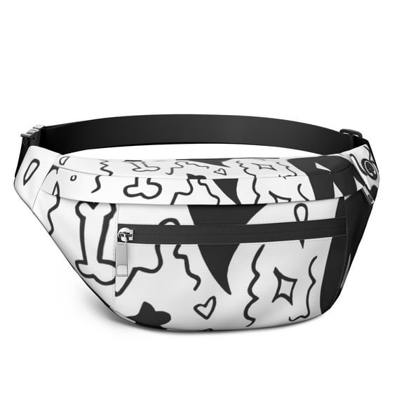Fanny Pack Black and White Halloween Doodle Pattern Waist Pack Bag,Running Cross Bag,Waterproof Large Fanny Packs for Women Men for Travel Running Hiking Cycling