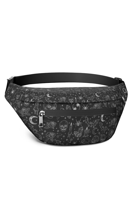 Fanny Pack Black White Halloween Skull Bat Moon Pattern Waist Pack Bag,Running Cross Bag,Waterproof Large Fanny Packs for Women Men for Travel Running Hiking Cycling