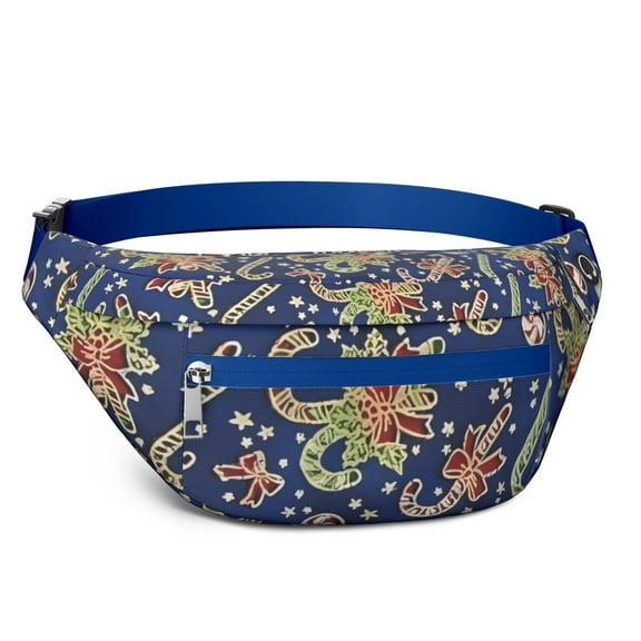 Fanny Pack Blue Christmas Candy Cane Pattern Waist Pack Bag,Running Cross Bag,Waterproof Large Fanny Packs for Women Men for Travel Running Hiking Cycling