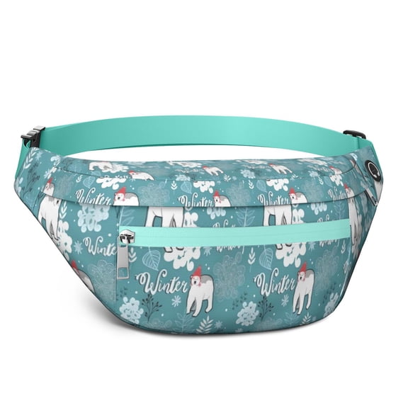 Fanny Pack Blue Christmas Polar Bear Pattern Waist Pack Bag,Running Cross Bag,Waterproof Large Fanny Packs for Women Men for Travel Running Hiking Cycling